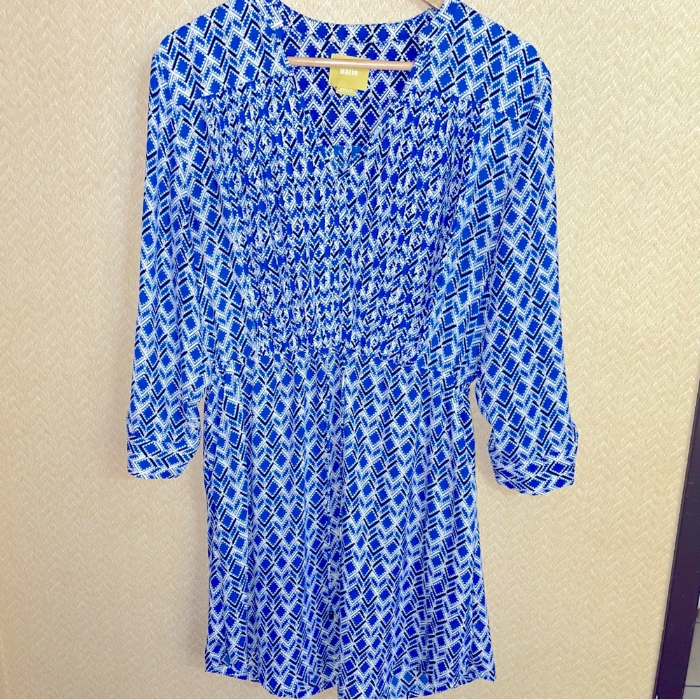 Anthropologie Maeve Galen Blue Geometric Print Gathered Waist Dress Woman Medium
